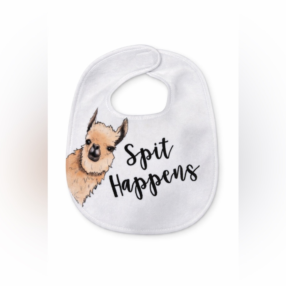 Funny Baby Bib “Spit Happens” Llama Graphic White Soft Infant Feeding Bib